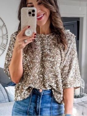 Shimmer Sequin Short Sleeve Top - Gold🚌